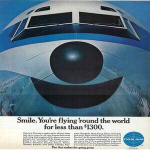 1967 Pan Am American Airlines Smile Flying ‘Round The World Vtg Print Ad/Poster